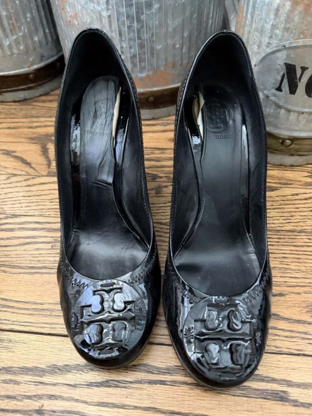 Tory Burch Sophie Black Patent Leather Wedge Heels Slip On Wedges 8.5